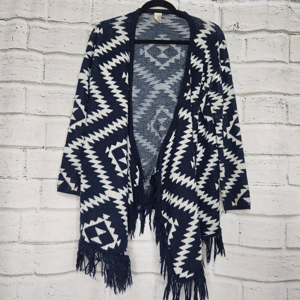 Francesca's Collection Womens Navy & White Aztec Fringe Poncho Cardigan M/L